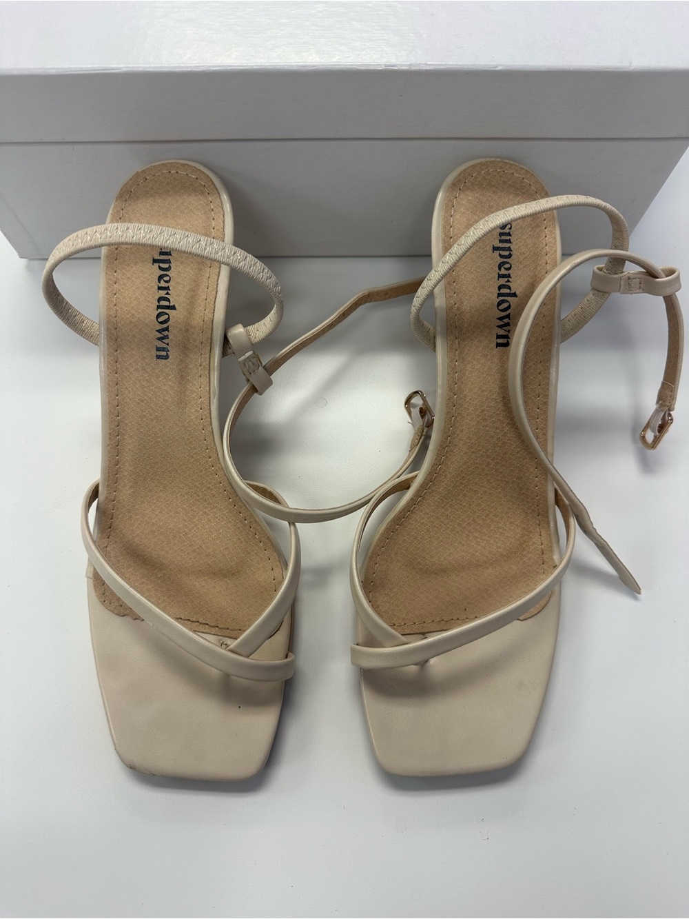 Superdown Cream Strappy Square-Toe Heeled Sandals